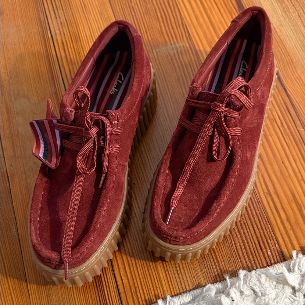 Clarks Women's Burgundy Suede Loafers with Striped Accent